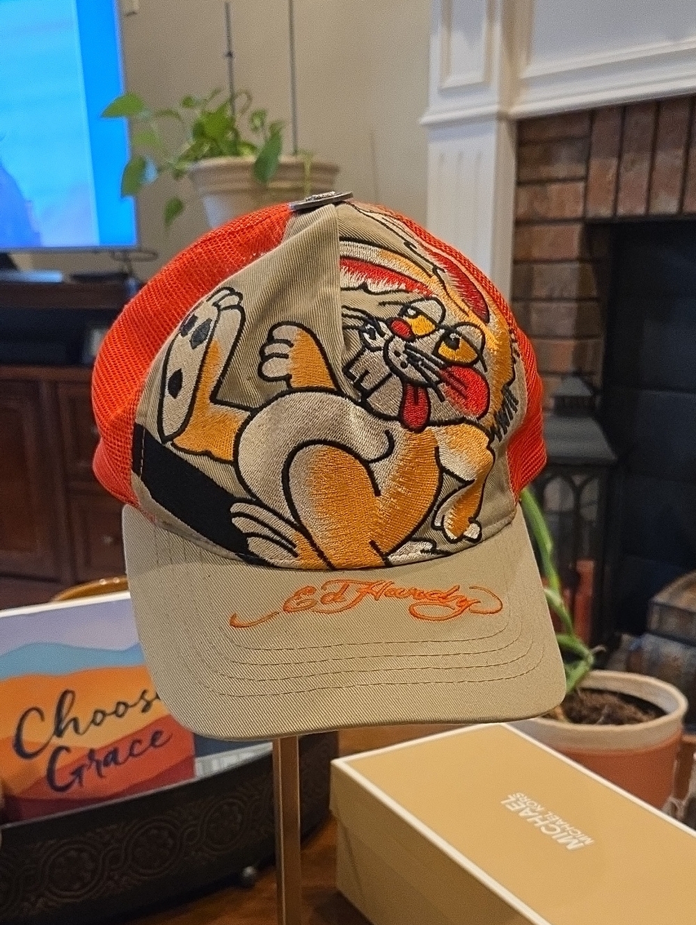 Ed Hardy Orange & Tan Trucker Hat with Tiger Graphic